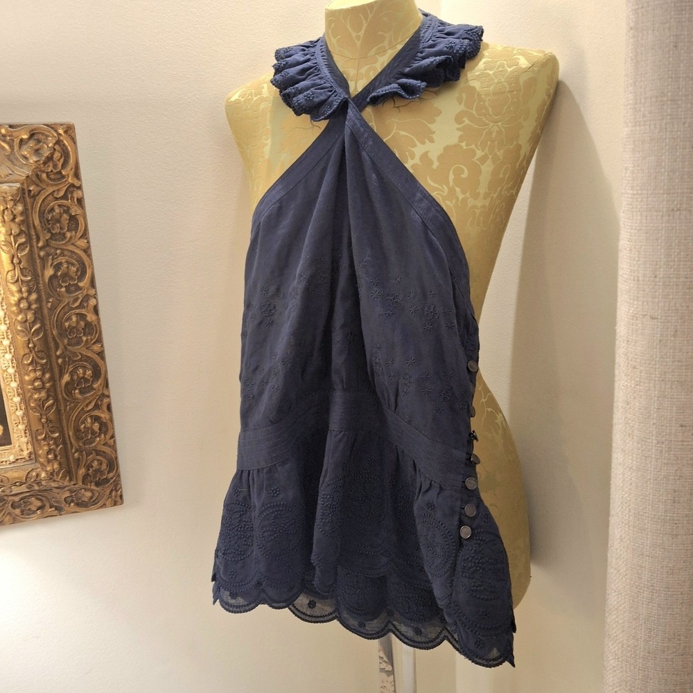 Tory Burch Navy Eyelet Cotton Halter Top Size 4 Boho Summer Beach Cottage